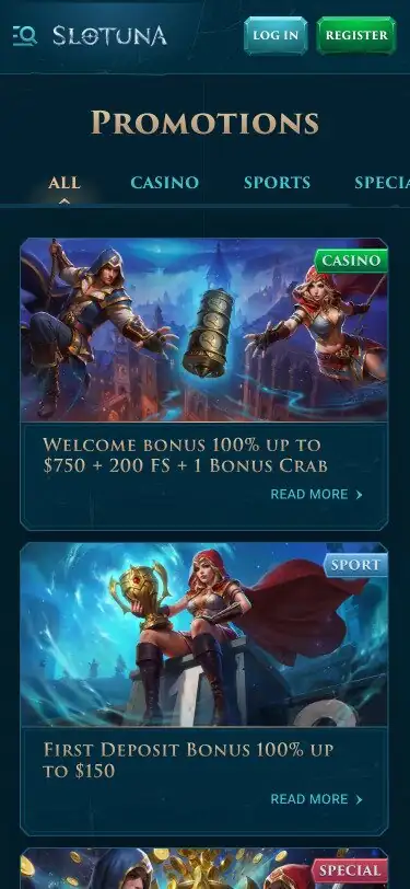 Lobby mobile di Slotuna con banner e giochi principali