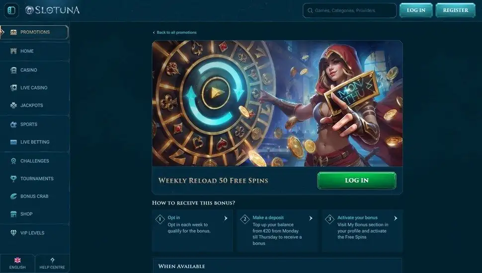 Schermata Slotuna con bauli, carte premio e simboli di bonus